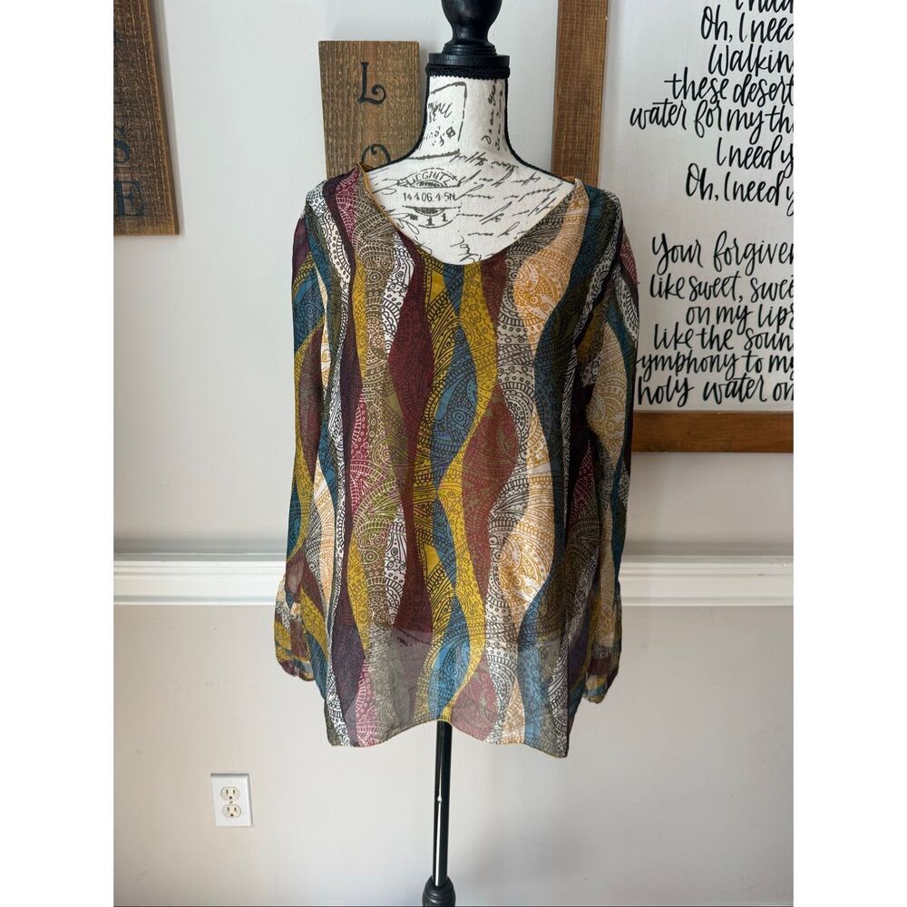 Belle France Women's Silk Blend Sheer Paisley Blouse Top Multicolor Size XL